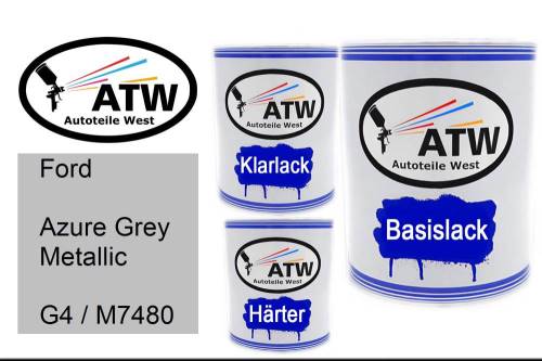 Ford, Azure Grey Metallic, G4 / M7480: 1L Lackdose + 1L Klarlack + 500ml Härter - Set, von ATW Autoteile West.